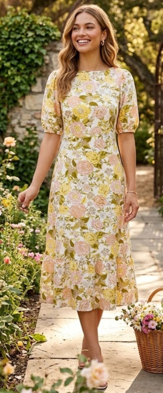 Pastel Floral Cottagecore/Soft Girl Linen Blend Tie Back Midi Dress